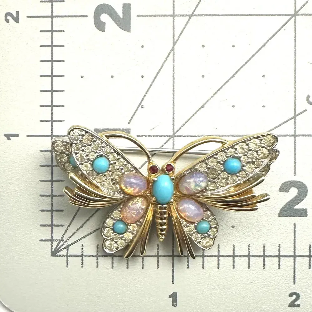 Jomaz vintage gold tone clear rhinestones art glass cabochons butterfly brooch